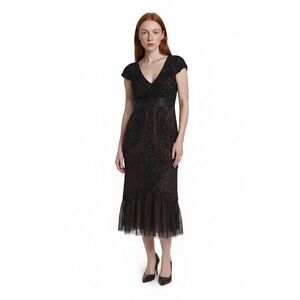 Stenay Beaded Cocktail Dress Women's Size 6 Black 100% Silk V Neck Ruffle Hem